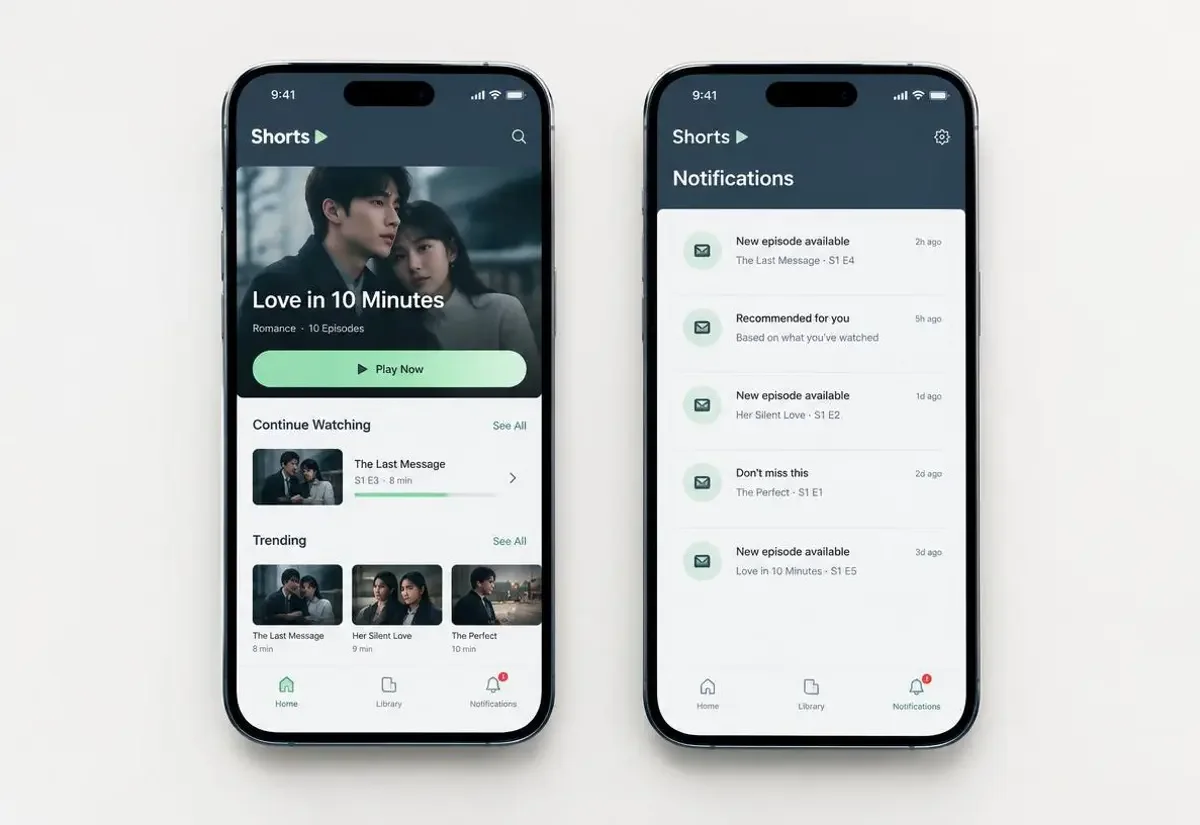 黄果短剧官网 App 双端界面预览，包含剧集列表与来信提醒